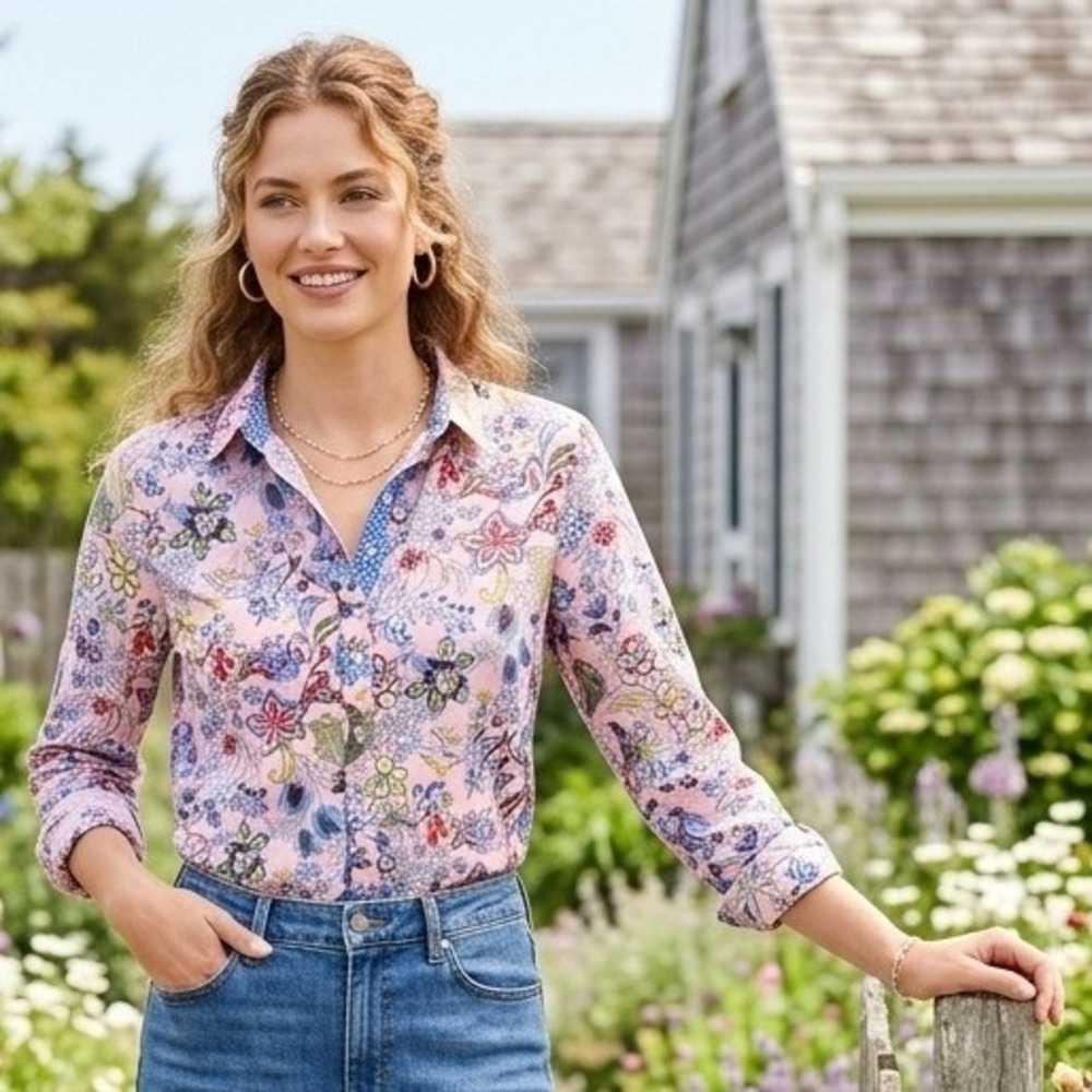 Talbots Floral Paisley Button Down Shirt Womens Large Petite Pink Cotton Classic